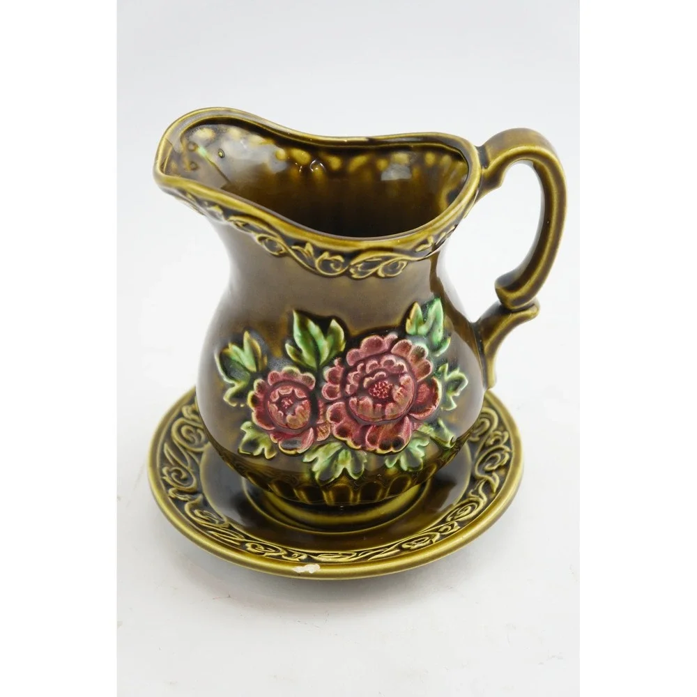 Enesco MCM Pitcher + Basin Bowl Set Brown Floral Embossed Japan Good